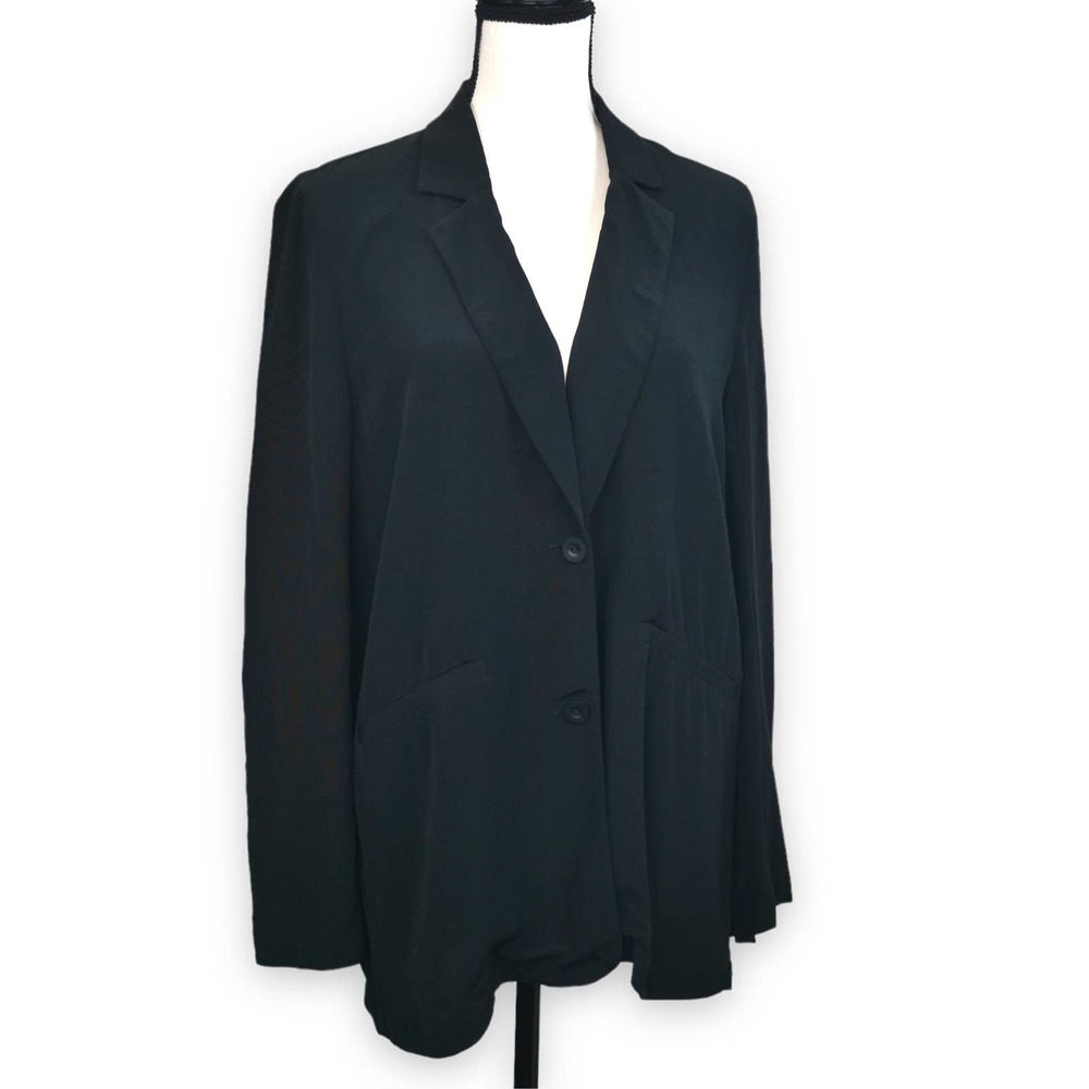 Eileen Fisher Petite Black Tencel Blazer Jacket Sz PS Double Button Notch Collar